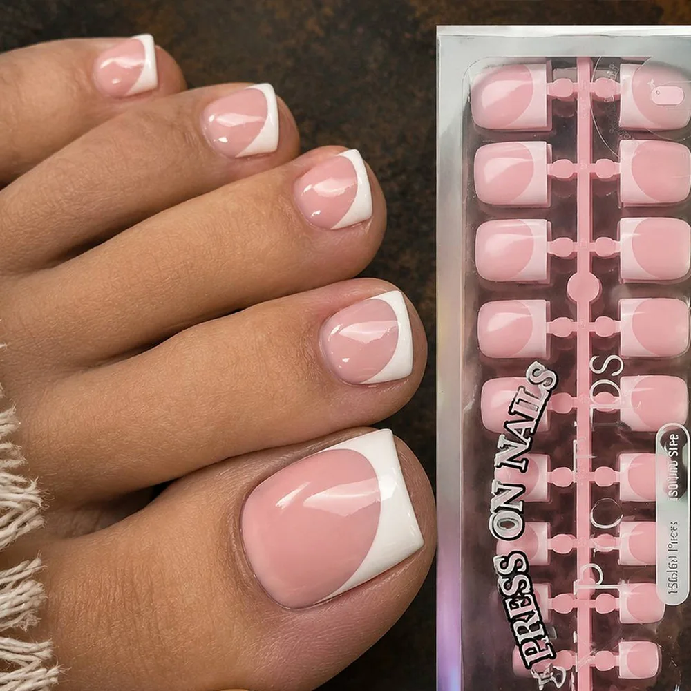 150 faux ongles de pieds carrés élégants à presser, style French manucure, teinte rose nude, faux ongles de pieds carrés complets