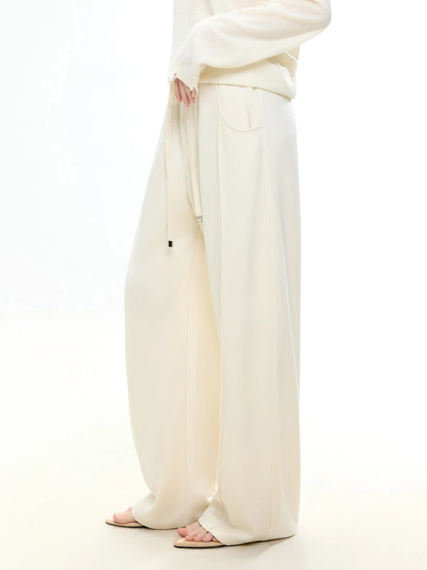 

LUR High Waist Wide Leg Drawstring Casual Pants Cream White Drapey Slimming Versatile Simple Commute Long Pants Spring New