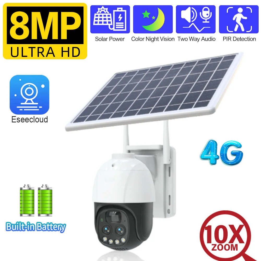 4K Solar Powered 4G PTZ Camera Dual Lens 10X Zoom Outdoor Wateproof Wireless Solar CCTV Video Surveillance Camera System 8MP