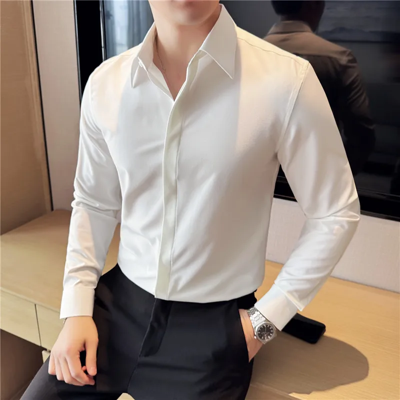 Men Long Sleeved Shirt 2024 Autumn New British Style Solid Color Casual Elastic Slim Fit Formal Shirt High-quality Men Clothing