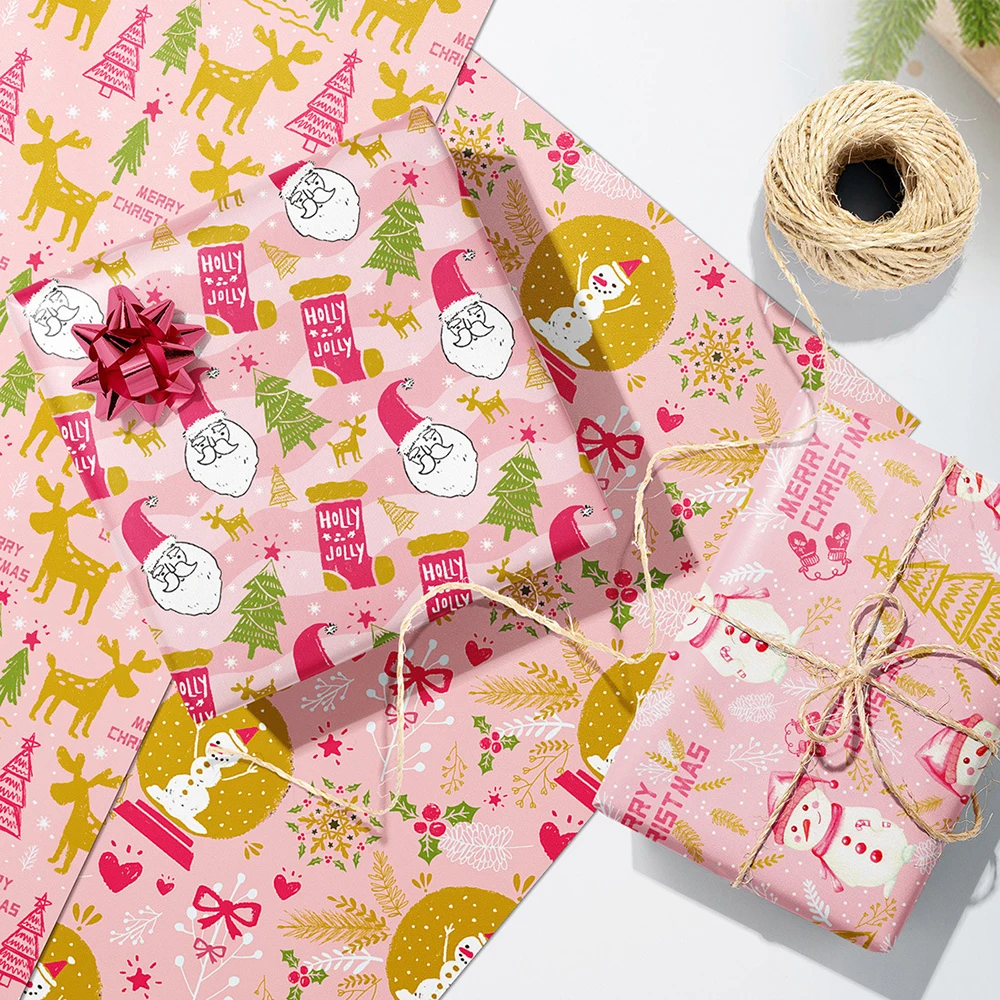 12Sheets Pink Christmas Holiday Wrapping Paper Santa Claus Snowman Design Gift Wrap Paper Folded Flat 4 Designs DIY Craft Paper