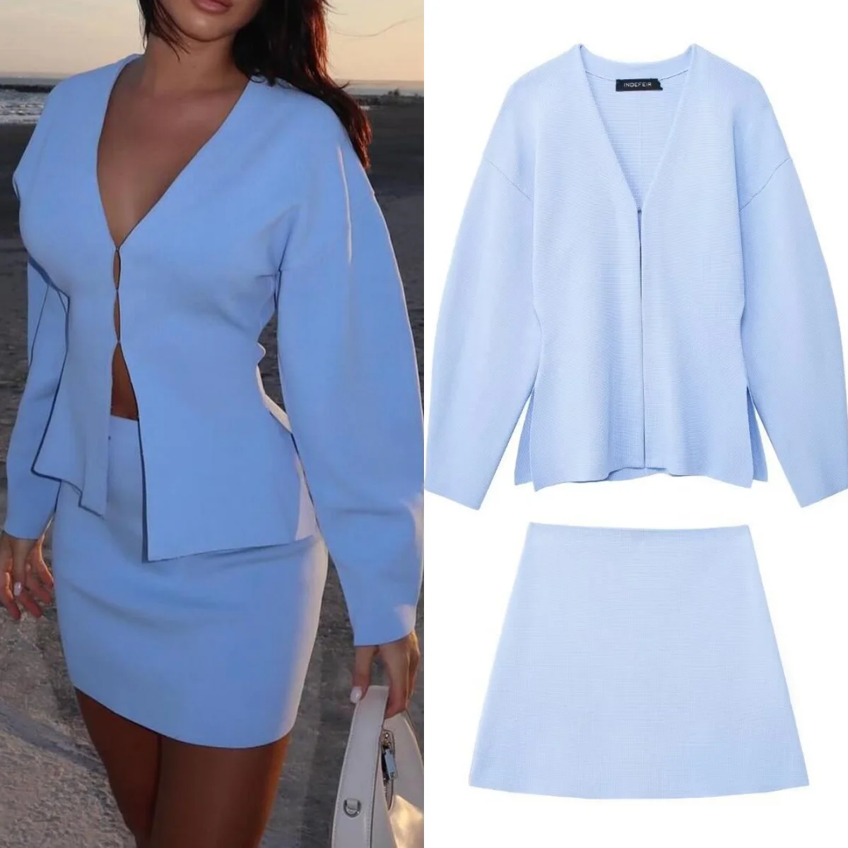 

women's loose casual V-neck knitted jacket short skirt suit retro long-sleeved buttoned jacket chic top skirt 2-piece suit