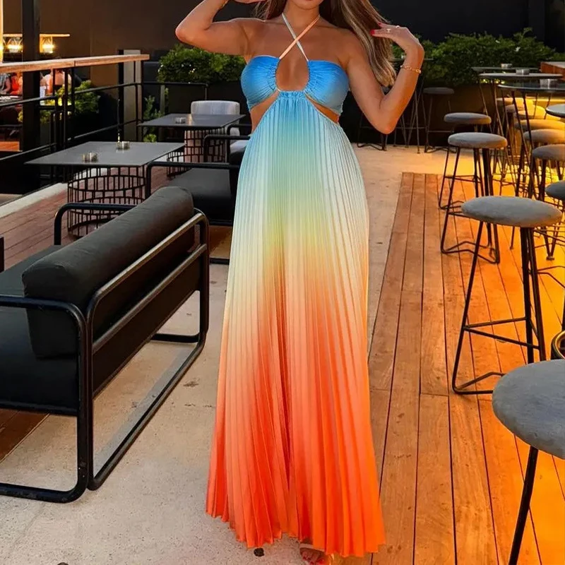 OMSJ 2024 Summer Gradient Color Vacation Beach Flowing Big Swing Maxi Dresses For Women Cutout Off Waist Laceing Pleated Sundress