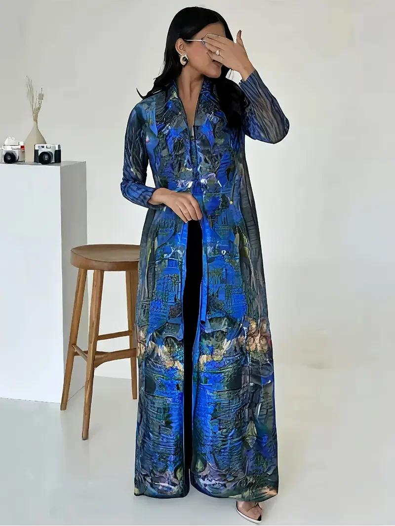 Fashionable printed long coat for spring, summer and autumn, export-quality pleated Abaya cape, loose, breathable, slimming robe