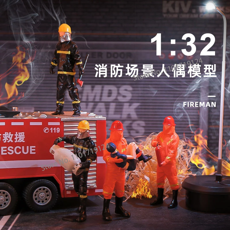 1/32 Diorama Miniature Fireman Firefighter Figure Model Car Garage Figurine Display Model City Street View Scene Display Prop