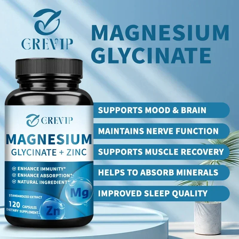 Magnesium Glycinate + Zinc - Bone, Muscle and Sleep Supplement, Stress and Anxiety Relief