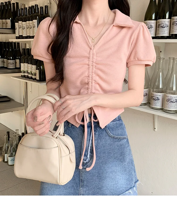 Women's navel sexy short-sleeved polo shirt T-shirt drawstring Slim tops casual solid color Harajuku campus clothes Summer new