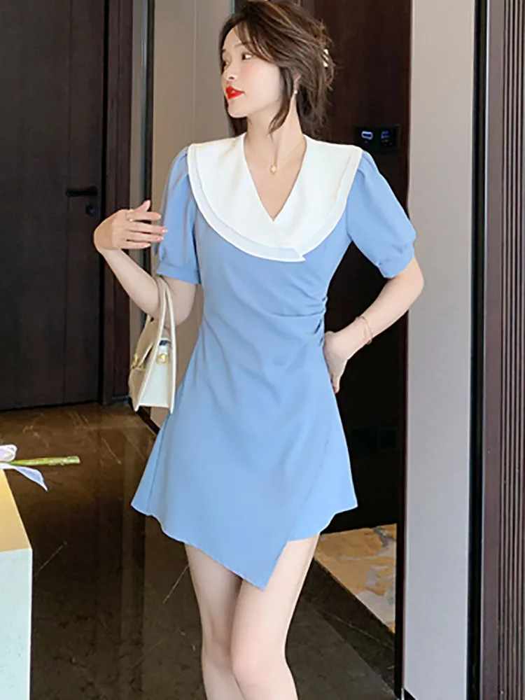 

Summer Blue Patchwork White Doll Collar Mini Dress Women Pleated Bodycon Office Lady Dress 2025 Korean Elegant Casual Home Dress