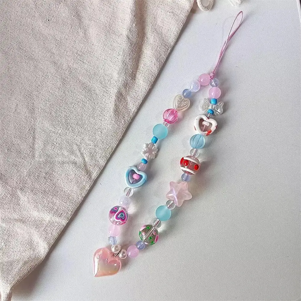 Korean Cute Pink Blue Love Heart Beaded Phone Chain Charm Lanyard For iPhone CCD Camera Decorated With Anti-Loss Lanyard