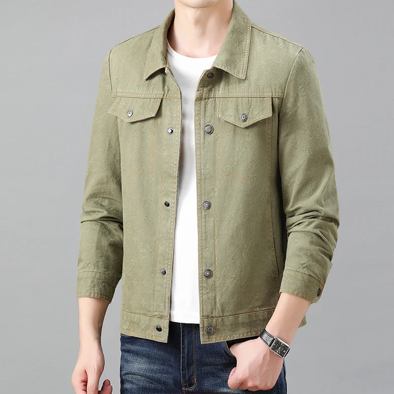 High Quality Plus Fat Plus Size Jacquard Denim Coat Men's High-end Leisure Spring and Autumn Loose Men's All-in-one Cargo Jacket