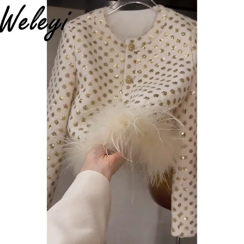 European Women's White Sequined Real Hair Short Coat 2024 Autumn New Korean Style High-end Feather Long Sleeve Jackets for Women