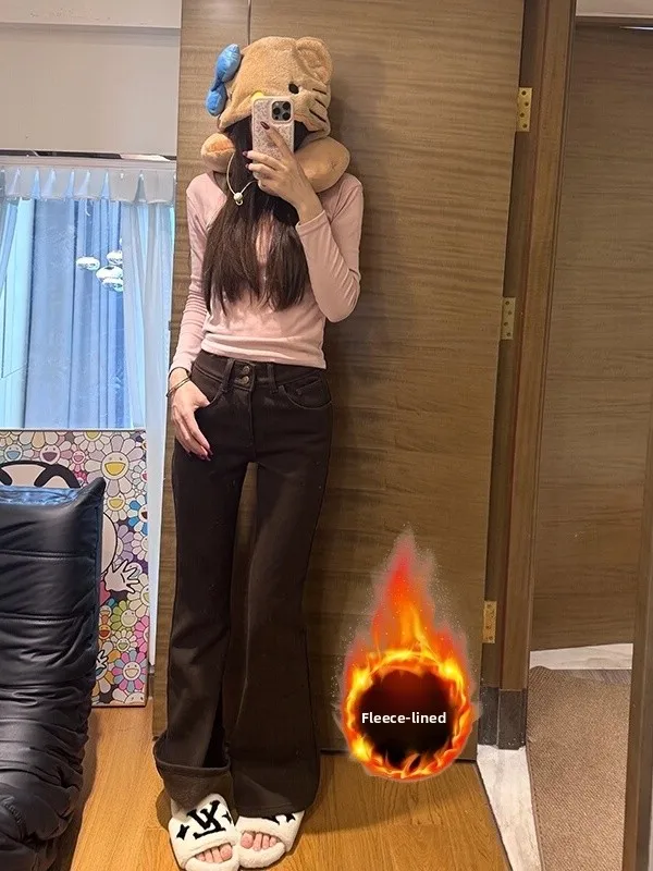 

Retro Brown Fce Lined Flared Jeans Women Thiened Winter High Waist Slim Fit Button Closure Non Stretch Denim Pants