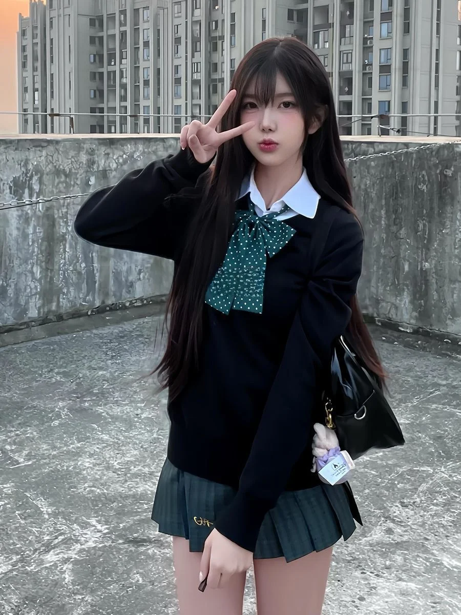 

Japanese Sle JK orm Knitted Sweater Bla Overhead Long Sve Spring Autumn Tee Piece Set Versatile Casual Faion