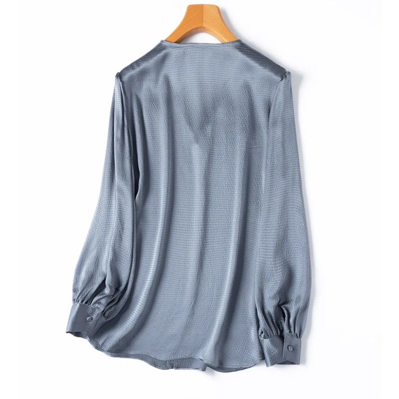 Blusa feminina de seda 93% seda amoreira 7% elastano 19 momme cinza azul manga longa com decote em v pulôver camisa superior senhora do escritório m1449