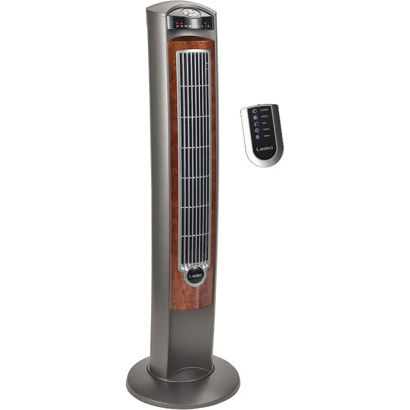 Ventilador de torre oscilante Lasko con control remoto, ventiladores de suelo silenciosos para dormitorio, 42", veteado de madera y gris, T42954
