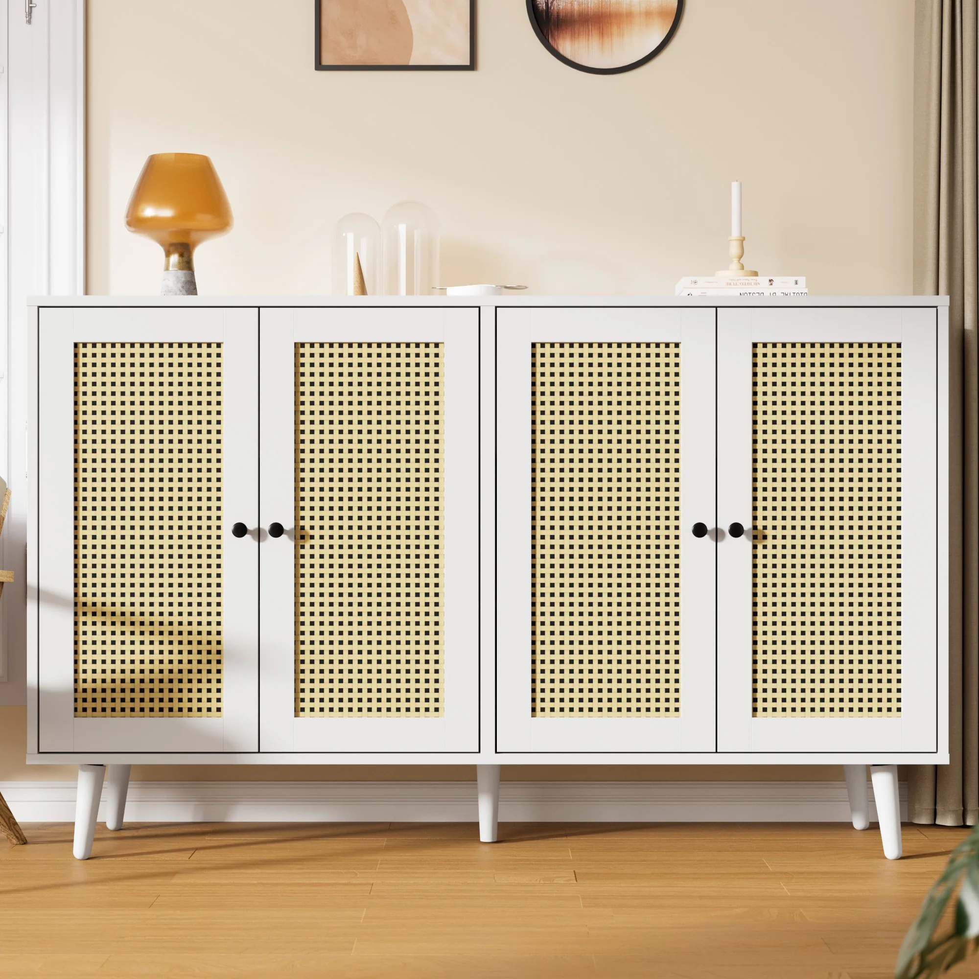 Rattan Buffet Cabinet with Storage, Accent Sideboard Cabinet with 4 Rattan Doors, Storage Cabinet for Living Room, Kitchen Room