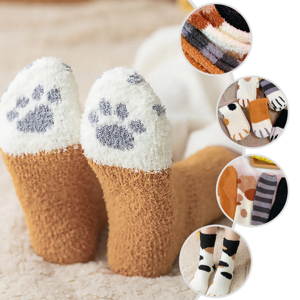 6 Pairs Winter Warm Fluffy Socks Thicken Coral Fleece Stockings Cute Animal Claw Cat Paw Footprint Socks Home Floor Sleep Socks