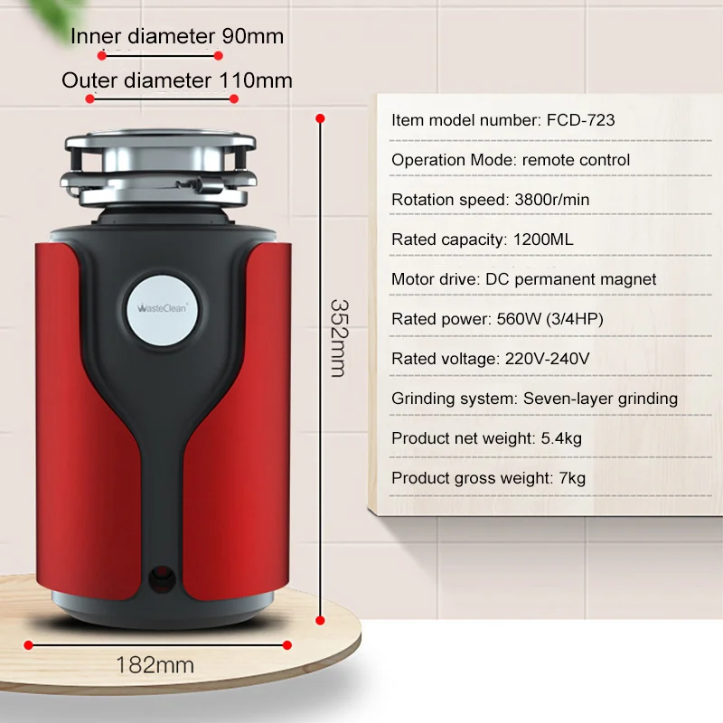 560W Smaltitori di rifiuti alimentari per lavello, motore di macinazione a 7 strati, esterno del lavello sostituibile 114 mm 140 mm 160 mm 180 mm,