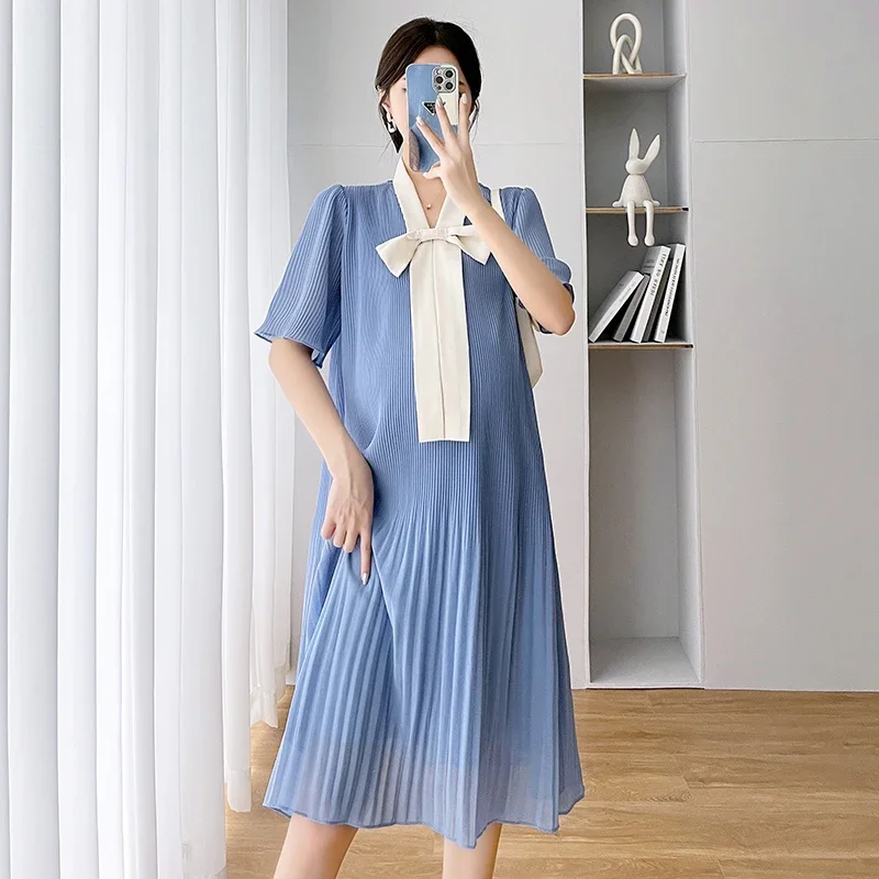 Summer Korean Fashion Chiffon Maternity Dress Elegant Sweet Loose Clothes for Pregnant Women Ins Ruffle Bow Pregnancy Clothing