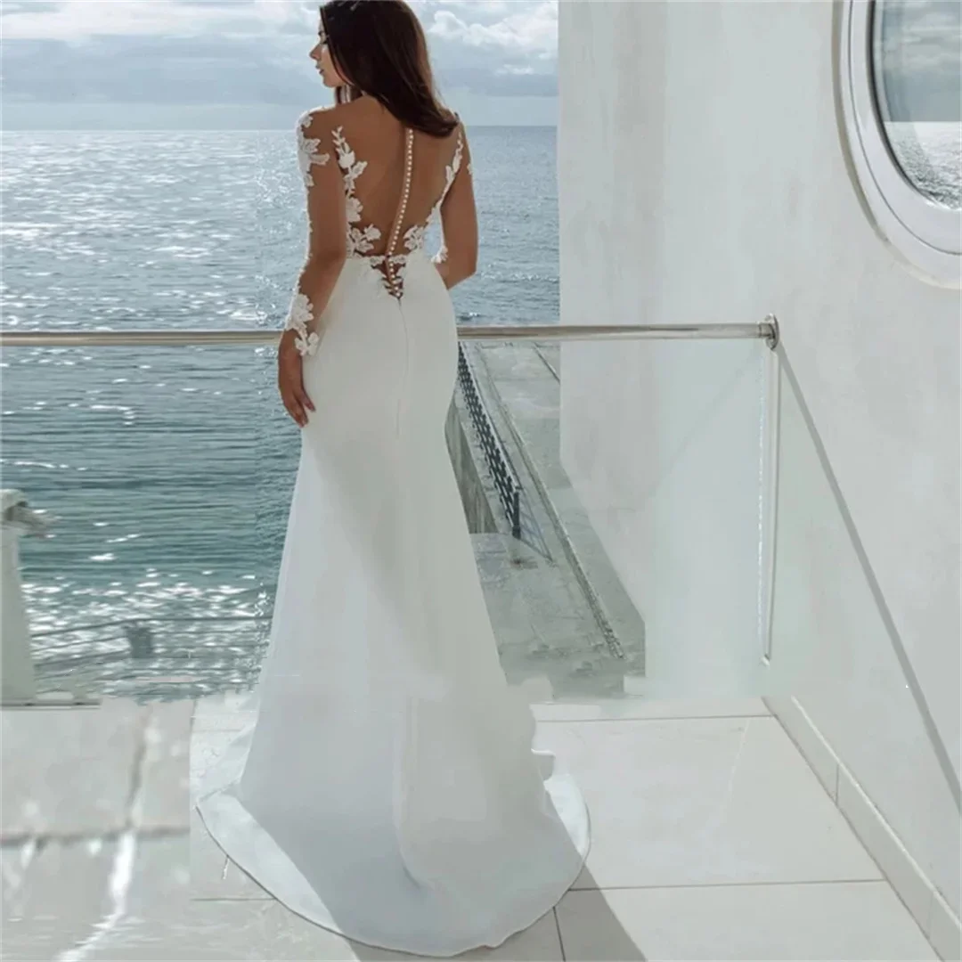 Abiti da sposa a sirena eleganti sexy personalizzati a maniche lunghe Abiti da sposa con applicazioni in pizzo bianco Abiti da spiaggia Abiti da Noiva