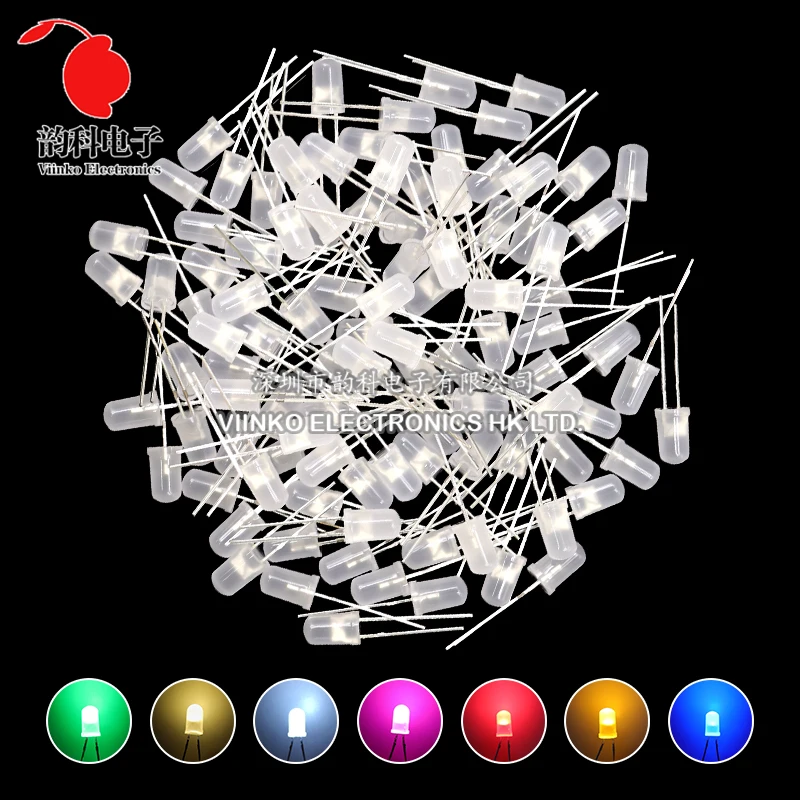 100pcs 5mm LED Diode F5 Assorted Kit White Green Red Blue Yellow Orange Pink Purple Warm White DIY Light Emitting Diode