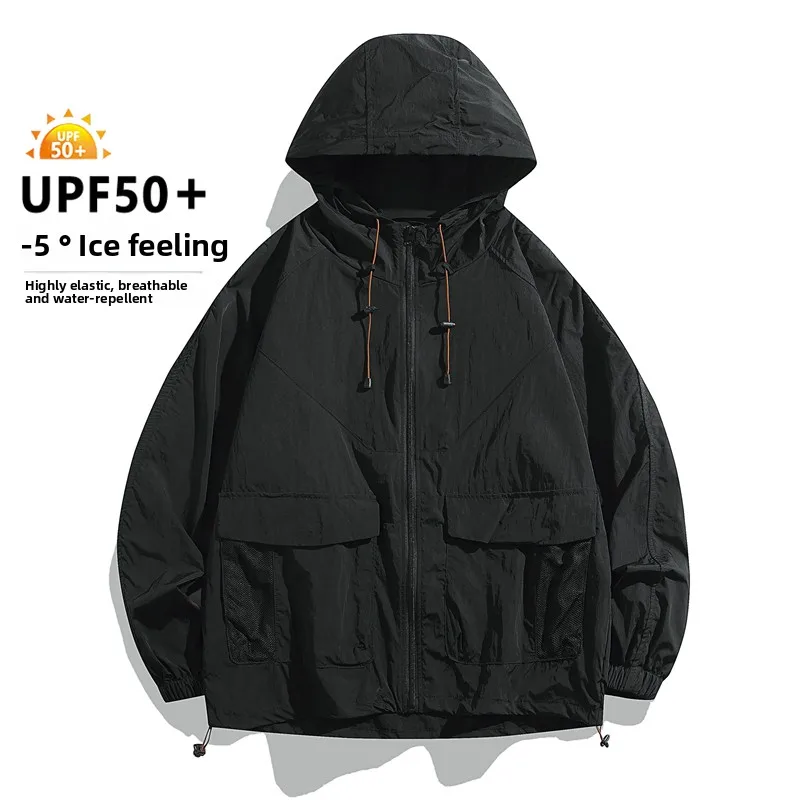 

Upf50+ Ice Silk Jacket Men's Summer Casual Striped Zipper Ultra Light Windbreaker Coat Outdoor Camping Sun Protection Clothing
