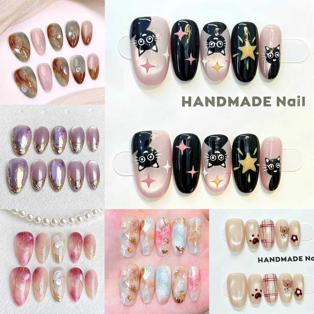 10Pcs Cute Cartoon Black Cat Cat Eye Handmade Press on Nails Nail Patch Dreamy Purple Pink Gradient Gold Design Fake Nails Art