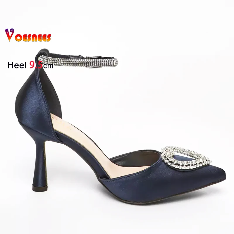 

Женская обувь для вечеринок на шпильке 9,5 см с пряжкой и ремешком, высококачественные атласные сандалии с острым носком, летние женские вечерние банкетные туфли на высоком каблуке
