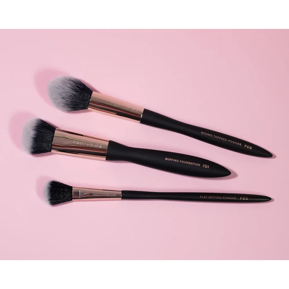 مجموعة فرش وجه مكونة من 3 قطع، مقبض ناعم مموج، خفيف الوزن ودقيق، كريم أساس مستدير، بودرة مسطحة، نباتية