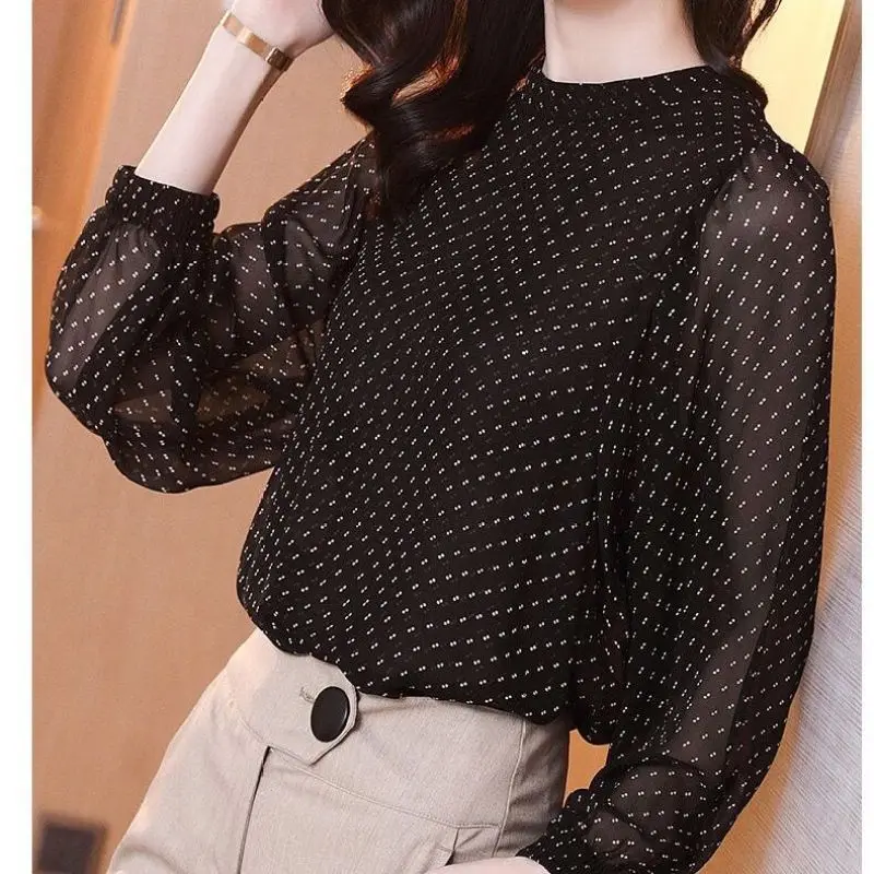 2024 Women\'s New Spring Autumn Solid Color Stand Collar Polka Dot Elegant Loose Casual Lantern Sleeve Commuter Chiffon Tops