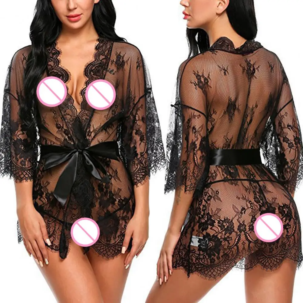 

Сексуальная женская ночная рубашка, пижамное платье с v-образным вырезом и рукавами 3/4, вышивка, кружевной узор, шнуровка, открытый дизайн, перспективная женская одежда для сна