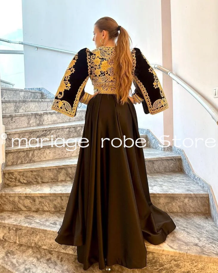 Black Velvet Two Pieces Morocaa Caftan Prom Dresses Gold Applique Traditional Kosovo Albanian Caftan Mariee Evening Gown 2025