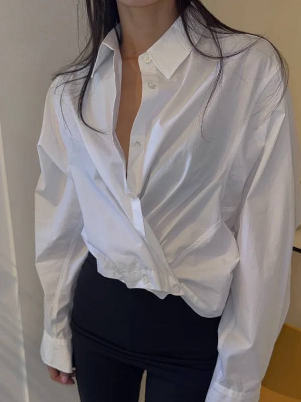 

Стильная повседневная свободная женская рубашка с пуговицами, укороченная, с регулируемой талией, из хлопка и полиэстера, с длинным рукавом и отложным воротником