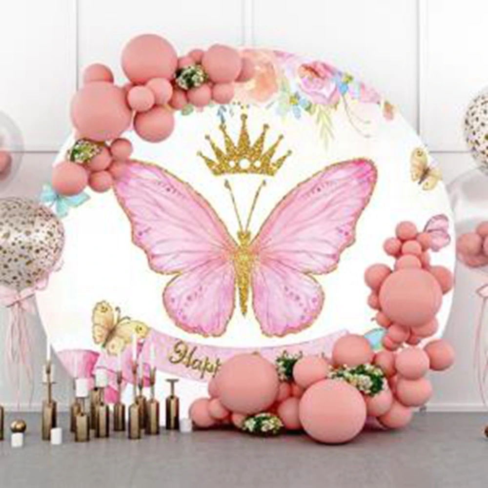 Butterfly Flowers Round Backdrop Cover Birthday Party Baby Shower Kids Portrait Customize Circle Photography Background Decor