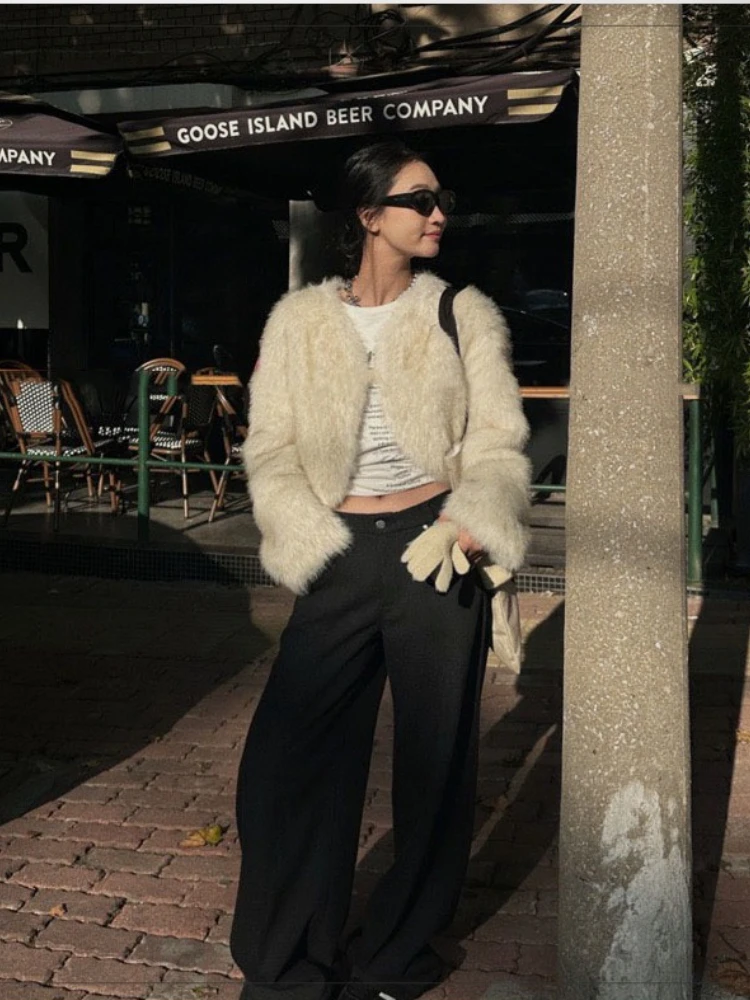 

O-neck White Short Faux Leather and Fur Jacket Slim Furry Jackets Fluffy Faux Rabbit Luxury Plush Coats Cardigans Warm Casual