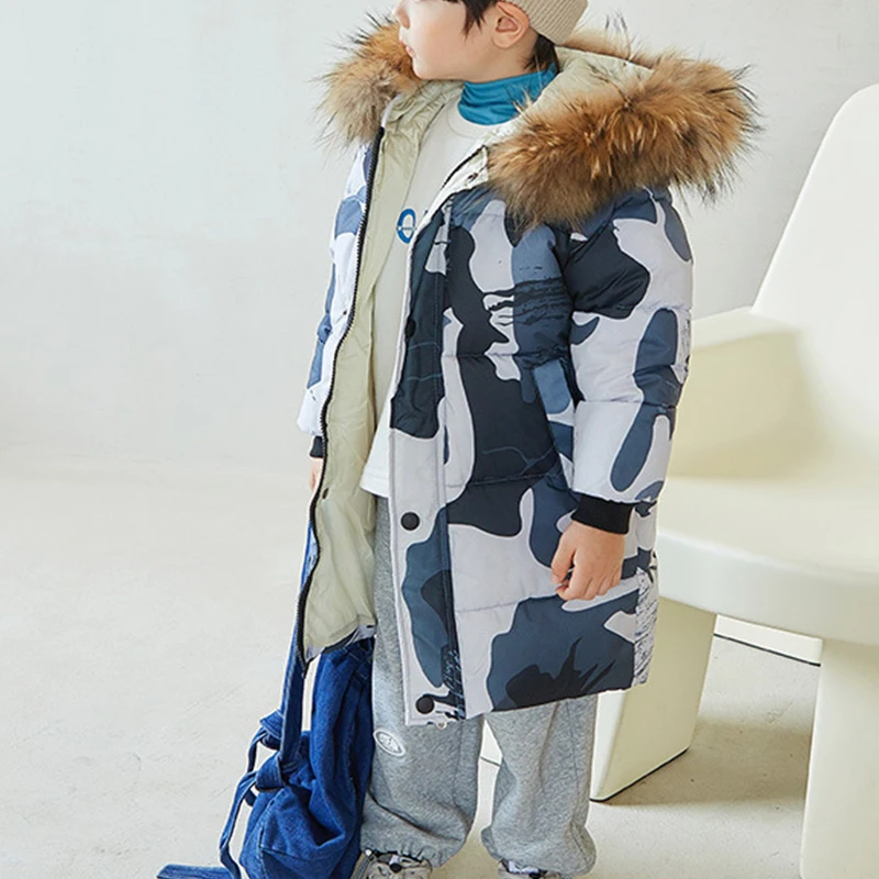 2022 Winter Jacket For Boys Girls  Raccoon Fur Hat Winter Coat For Boys Long Style Kids Parka Children Clothing