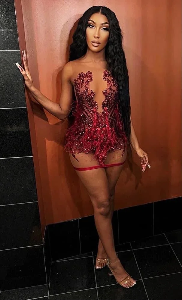 

Burgundy African American Short Prom Dresses For Black Girls Sheer Appliques Feather Sexy Birthday Party Gown Customized