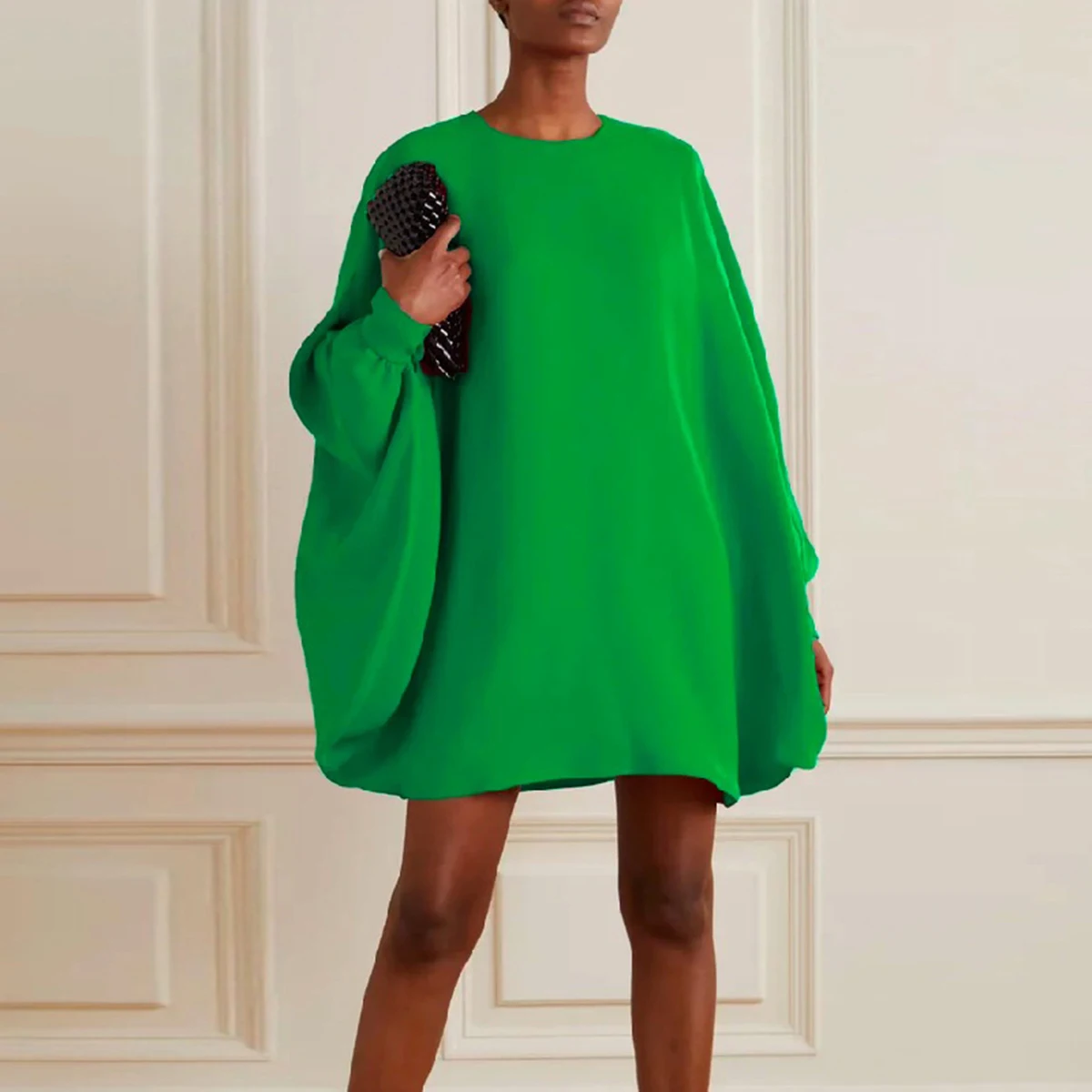 Uoozee Autumn Fashion Female Green Dress Loose Simple Long Batwing Sleeves Solid Color Round-Neck Mini Dresses For Women 2024