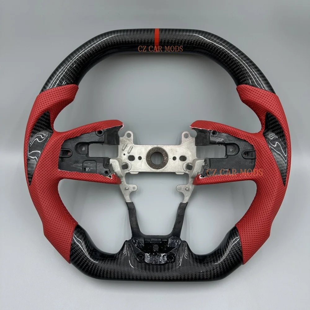 

Custom 2016-2021 Honda Civic Flat Top Flat Bottom Red Perforated Leather CF Steering Wheel With Red Line