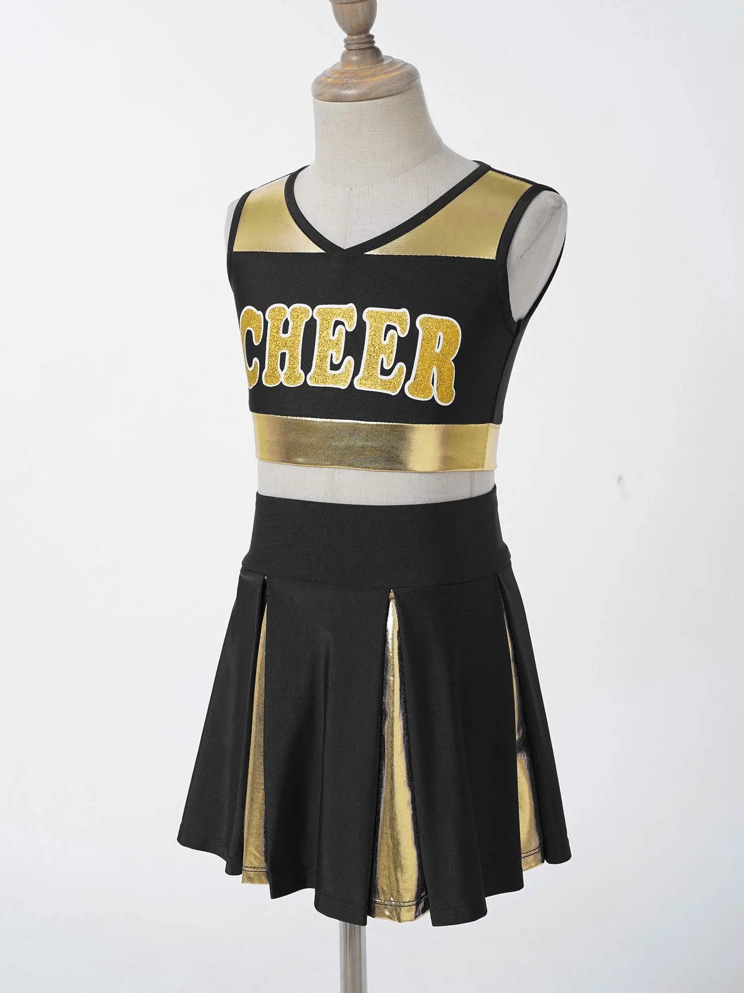 Crianças meninas retalhos estilo cheerleading dança roupas sem mangas v decote carta impressão colheita topo cintura elástica saia conjunto