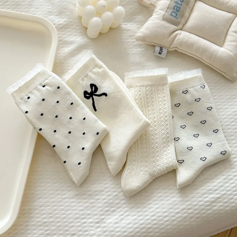 

4 пары милых женских хлопковых носков из чистого хлопка, осенне-зимних хлопковых носков средней длины, противоскользящие, впитывающие пот, устойчивые к запаху свойства