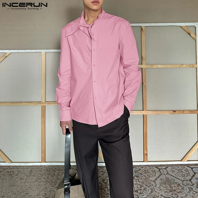 

INCERUN Мужская рубашка сплошной цвет с лацканами и длинным рукавом на шнуровке повседневная мужская одежда уличная одежда свободные 2025 модные мужские рубашки S-5XL