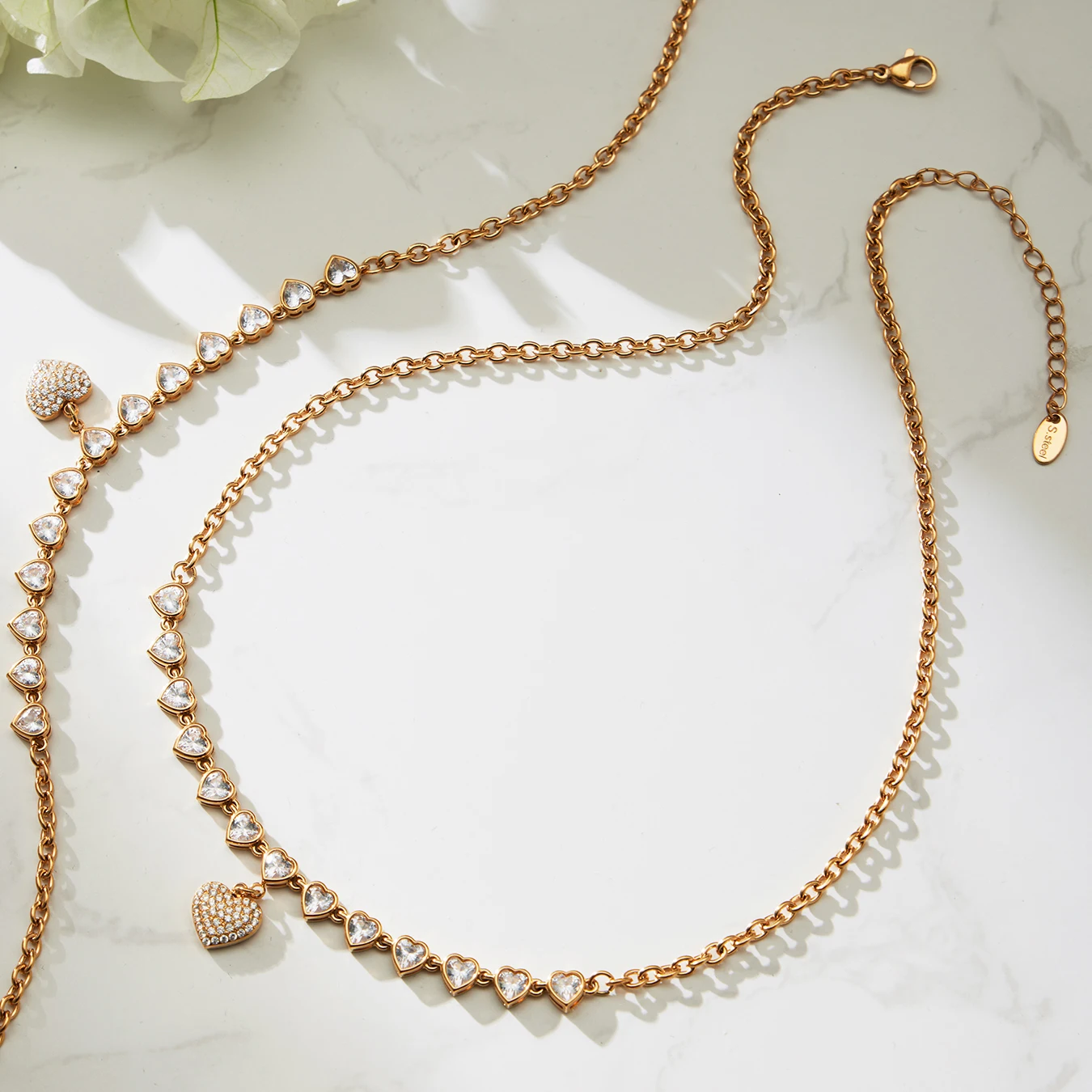 Goldene Silber Edelstahl Kette Halskette frauen Vergoldet Glänzenden Zirkon Herz Anhänger Halskette Femme Wasserdicht Schmuck – Detail 10
