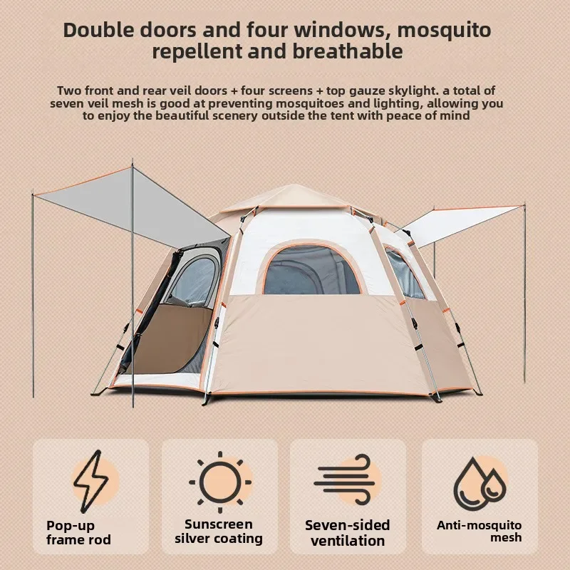 خيمة مكونة من 8 أشخاص للتخييم في الهواء الطلق على الشاطئ، قابلة للطي، خيمة سداسية أوتوماتيكية بالكامل سريعة الفتح ومضادة للمطر