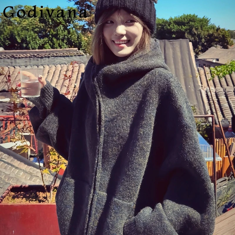 

American Style Sweater Coat for Women Winter Thickened Hooded Knitted Cardigan Female High End Long Sleeve Loose Cardigan