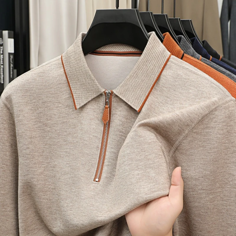 

Men's Polo Collar Sweater, Zippered Front Wool Blend, Autumn Winter Casual, 5 Colors​ Business Casual T-shirt