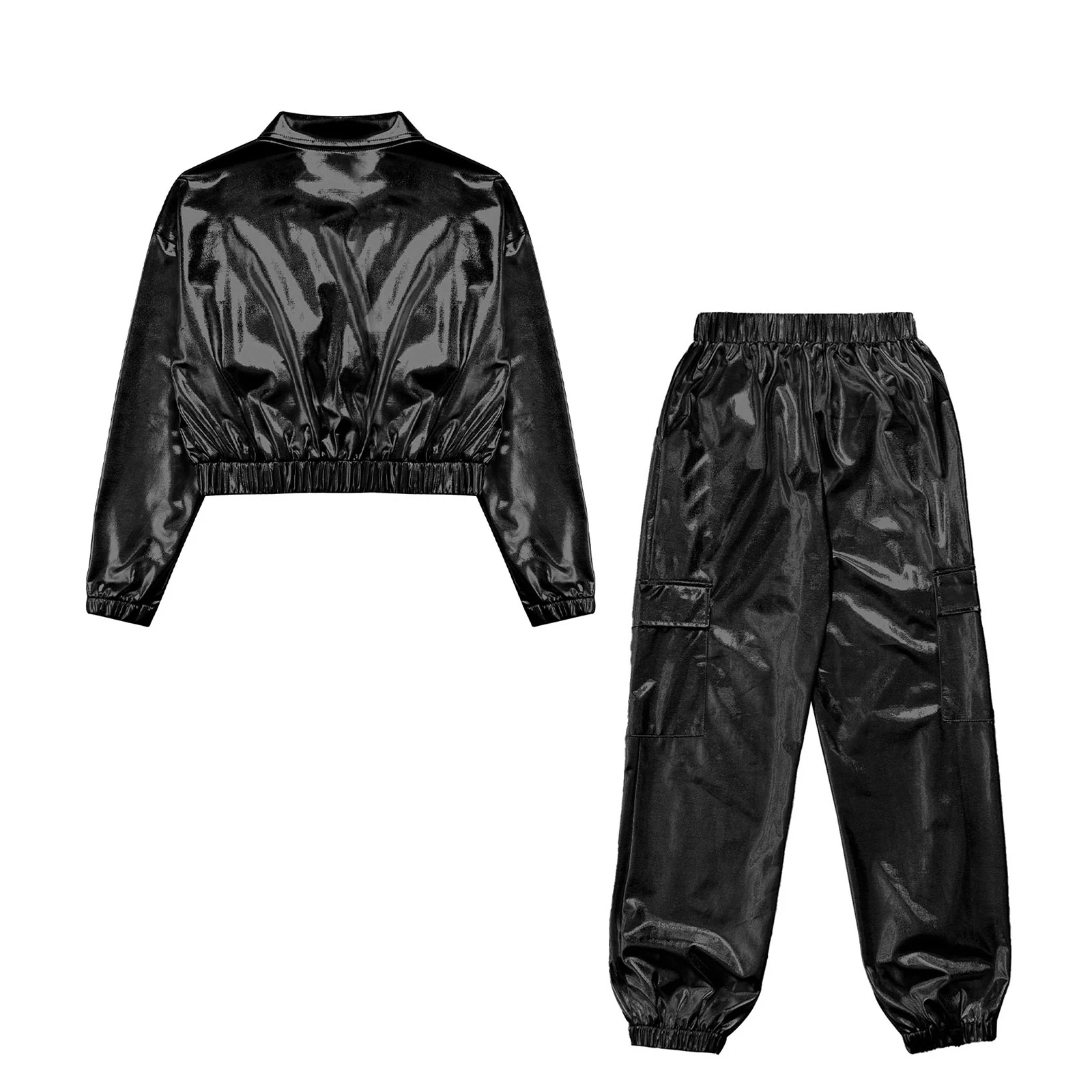 Kinder Jungen Mädchen Jazz Hip-Hop Street Dance Performance Kostüm Metallisch glänzend Langarm Sportjacke Mantel mit Hosen Outfits – Detail 38
