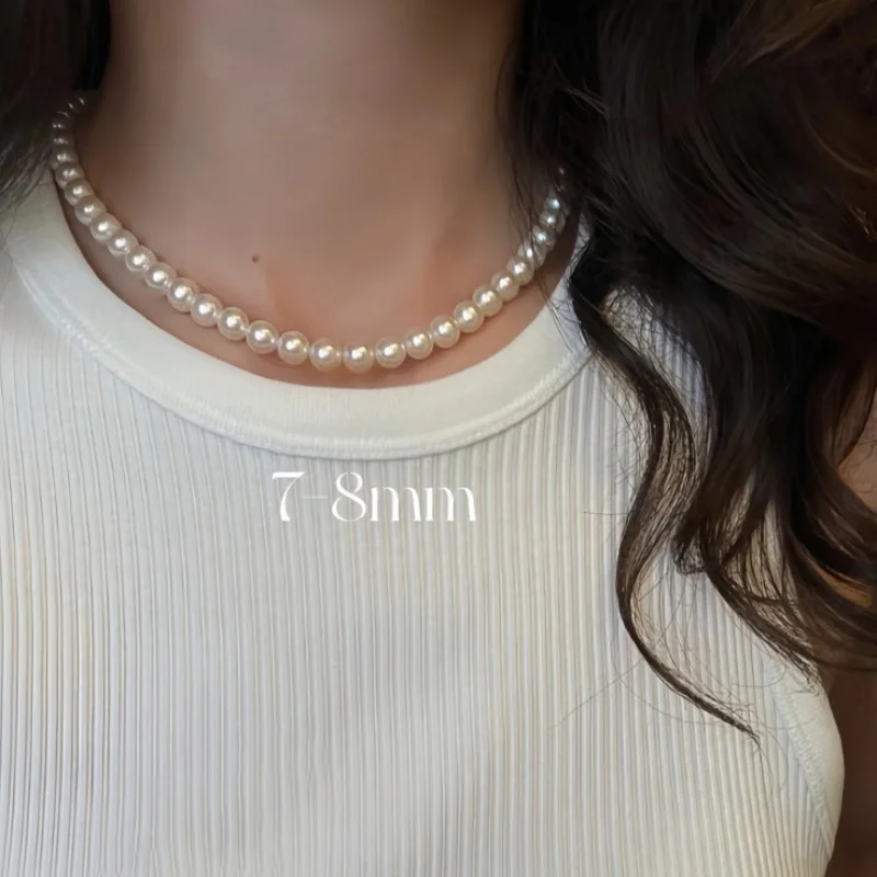 -8mm round freshwater pearl necklace with slight imperfections, S925 silver