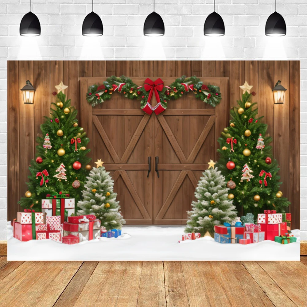 Wooden Door Christmas Photography Backdrop Rustic Barn Xmas Tree Snow Gift Bell Kids Adult Family Party Decor Photo Background