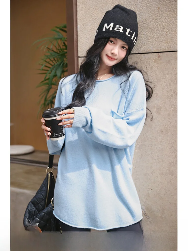 

Lemon Matures Woolen ket Knitted Loose round Ne Spring Women's Warm Top Comfortable Casual Sle Long Sve Mid-Length